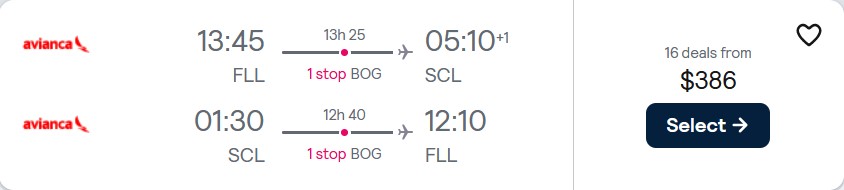 Cheap flights from Fort Lauderdale to Santiago, Chile for only $386 roundtrip with Avianca. Flight deal ticket image.