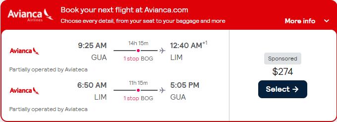 Cheap flights from Guatemala City, Guatemala to Lima, Peru for only $274 USD roundtrip with Avianca. Flight deal ticket image.