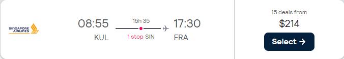 Non-stop flights from Kuala Lumpur, Malaysia to Frankfurt, Germany for only $206 USD one-way. Flight deal ticket image.