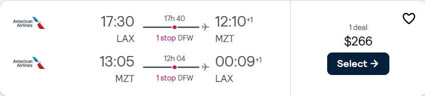 Click here to book this cheap flight deal. Cheap flights from Los Angeles to Mazatlan, Mexico for only $266 roundtrip with American Airlines. Flight deal ticket image.