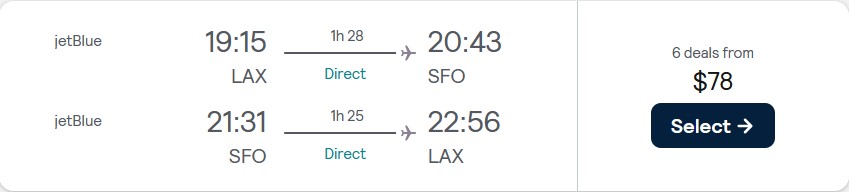Non-stop flights from Los Angeles to San Francisco for only $78 roundtrip with JetBlue. Also works in reverse. Flight deal ticket image.
