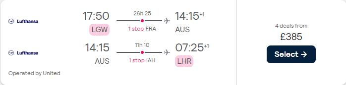 Click here to book this cheap flight deal. Cheap flights from London, UK to Austin, Texas for only £385 roundtrip with Lufthansa and United Airlines. Flight deal ticket image.