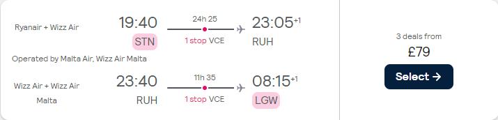 Cheap flights from London, UK to Riyadh, Saudi Arabia for only £79 roundtrip. Flight deal ticket image.