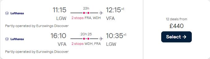 Cheap flights from UK cities to Victoria Falls, Zimbabwe from only £440 roundtrip with Lufthansa. Flight deal ticket image.