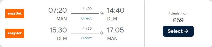 Non-stop flights from Manchester, UK to Dalaman, Turkey for only £59 roundtrip. Flight deal ticket image.