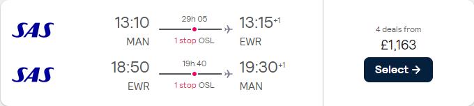 Business Class, Christmas flights from UK cities to US cities from only £1163 roundtrip with Scandinavian Airlines. Flight deal ticket image.