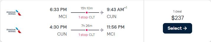 Cheap flights from Kansas City to Cancun, Mexico for only $237 roundtrip with American Airlines. Flight deal ticket image.
