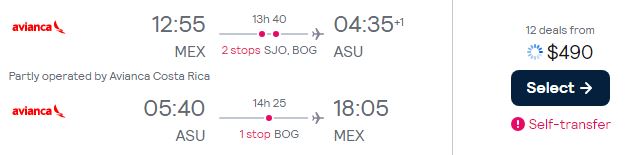 Cheap flights from Mexico City, Mexico to Asuncion, Paraguay for only $490 USD roundtrip with Avianca. Flight deal ticket image.