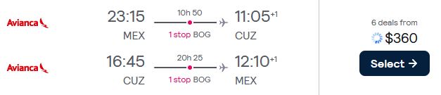 Cheap flights from Mexico City, Mexico to Cusco, Peru for only $360 USD roundtrip with Avianca. Flight deal ticket image.