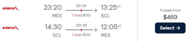 Cheap flights from Mexico City, Mexico to Santiago, Chile for only $469 USD roundtrip with Avianca. Flight deal ticket image.