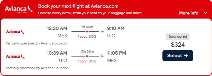 Cheap flights from Mexico City, Mexico to Quito, Ecuador for only $324 USD roundtrip with Avianca. Flight deal ticket image.