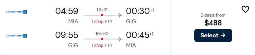 Cheap flights from Miami to Rio de Janeiro, Brazil for only $488 roundtrip with Copa Airlines. Flight deal ticket image.