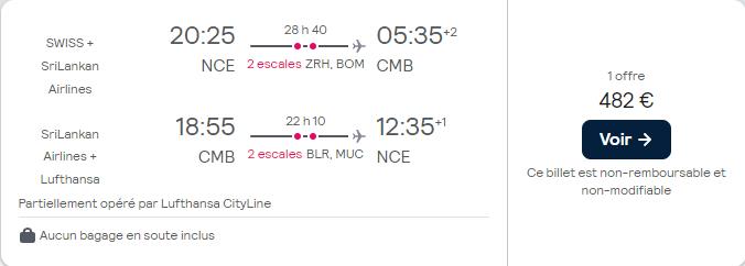 Cheap flights from French cities to Colombo, Sri Lanka from only €482 roundtrip with Swiss International Air Lines, SriLankan Airlines and Lufthansa. Flight deal ticket image.