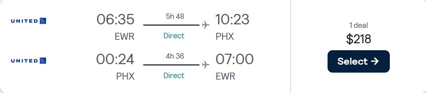 Non-stop flights from New York to Phoenix, Arizona for only $218 roundtrip with United Airlines. Also works in reverse. Flight deal ticket image.