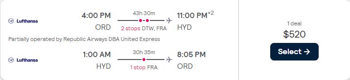 Cheap flights from Chicago to Hyderabad, India for only $520 roundtrip with Lufthansa. Flight deal ticket image.