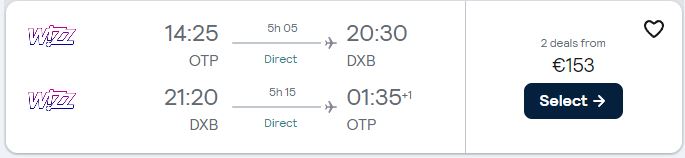 Non-stop, summer flights from Bucharest, Romania to Dubai, UAE for only €153 roundtrip. Flight deal ticket image.
