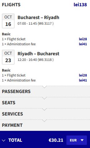 Non-stop flights from Bucharest, Romania to Riyadh, Saudi Arabia for only €30 roundtrip. Flight deal ticket image.