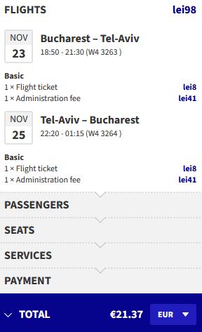 Non-stop flights from Bucharest, Romania to Tel Aviv, Israel for only €21 roundtrip. Flight deal ticket image.