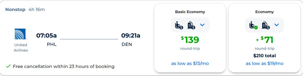 Non-stop flights from Philadelphia to Denver, Colorado for only $139 roundtrip with United Airlines. Also works in reverse. Flight deal ticket image.