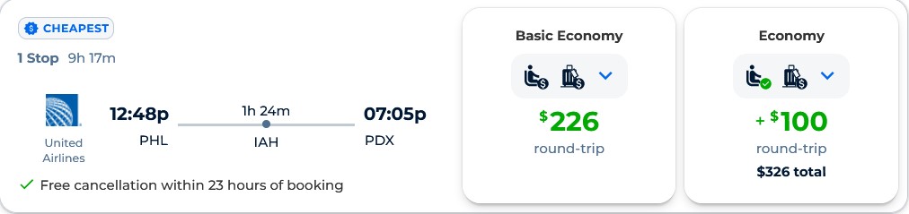 Summer flights from Philadelphia to Portland, Oregon for only $226 roundtrip with United Airlines. Also works in reverse. Flight deal ticket image.