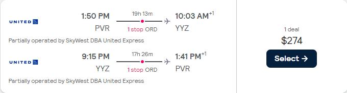 Cheap flights from Puerto Vallarta, Mexico to Toronto, Canada for only $274 USD roundtrip with United Airlines. Flight deal ticket image.