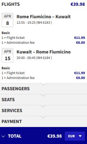 Non-stop flights from Rome, Italy to Kuwait City, Kuwait for only €39 roundtrip. Flight deal ticket image.