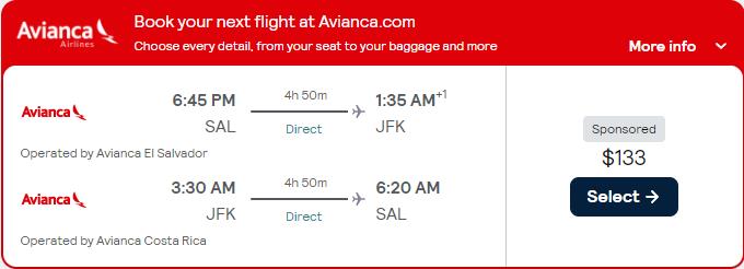Non-stop flights from San Salvador, El Salvador to New York, USA for only $133 USD roundtrip with Avianca. Flight deal ticket image.