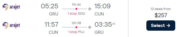 Cheap flights from Sao Paulo, Brazil to Cancun, Mexico for only $257 USD roundtrip. Flight deal ticket image.