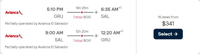 Click here to book this cheap flight deal. Cheap flights from Sao Paulo, Brazil to San Salvador, El Salvador for only $341 USD roundtrip with Avianca. Flight deal ticket image.