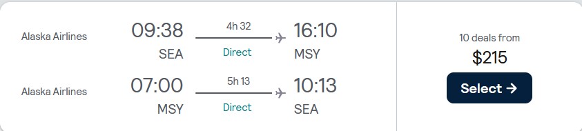 Non-stop flights from Seattle to New Orleans for only $209 roundtrip with Alaska Airlines. Also works in reverse. Flight deal ticket image.