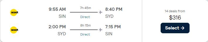 Non-stop flights from Singapore to Sydney, Australia for only $316 USD roundtrip. Flight deal ticket image.
