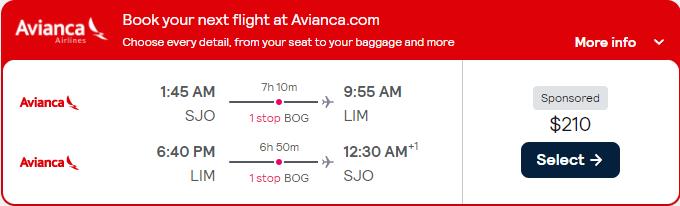 Cheap flights from San Jose, Costa Rica to Lima, Peru for only $210 USD roundtrip with Avianca. Flight deal ticket image.