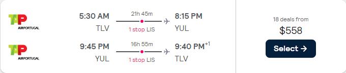 Cheap flights from Tel Aviv, Israel to Montreal, Canada for only $558 USD roundtrip with TAP Air Portugal. Flight deal ticket image.