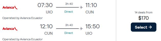 Non-stop flights from Quito, Ecuador to Cancun, Mexico for only $170 USD roundtrip with Avianca. Flight deal ticket image.