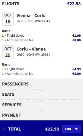 Non-stop flights from Vienna, Austria to Corfu, Greece for only €22 roundtrip. Flight deal ticket image.