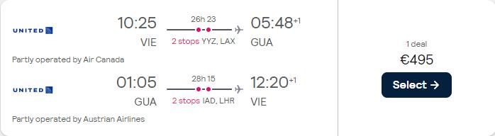 Cheap flights from Vienna, Austria to Guatemala City, Guatemala for only €495 roundtrip with Air Canada, United Airlines and Austrian Airlines. Flight deal ticket image.