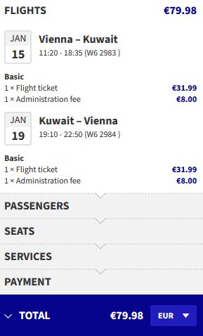 Non-stop flights from Vienna, Austria to Kuwait City, Kuwait for only €79 roundtrip. Flight deal ticket image.