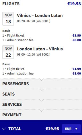 Non-stop flights from Vilnius, Lithuania to London, UK for only €19 roundtrip. Flight deal ticket image.