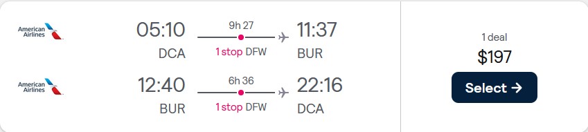 Cheap flights from Washington DC to Burbank, California for only $197 roundtrip with American Airlines. Also works in reverse. Flight deal ticket image.