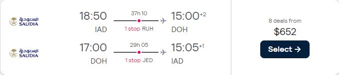 Click here to book this cheap flight deal. Cheap flights from Washington DC to Doha, Qatar for only $652 roundtrip. Flight deal ticket image.