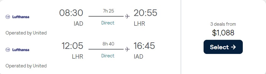 Business Class flights from Washington DC to London, UK for only $1088 roundtrip with United Airlines. Flight deal ticket image.