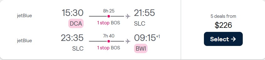 Cheap flights from Washington DC to Salt Lake City, Utah for only $226 roundtrip with JetBlue. Also works in reverse. Flight deal ticket image.