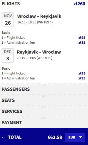 Non-stop flights from Wroclaw, Poland to Reykjavik, Iceland for only €62 roundtrip. Flight deal ticket image.
