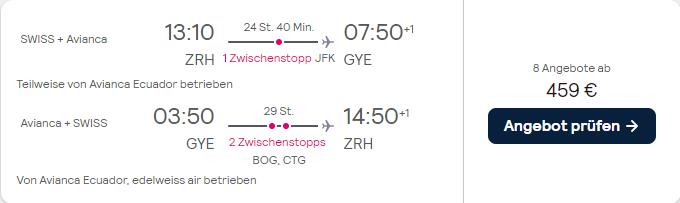 Cheap flights from Zurich or Geneva, Switzerland to Guayaquil, Ecuador from only €459 roundtrip with Swiss International Air Lines and Avianca. Flight deal ticket image.