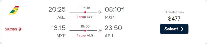 Cheap flights from Abidjan, Ivory Coast to Milan, Italy for only $477 USD roundtrip with Air Algerie. Flight deal ticket image.