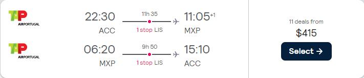 Cheap flights from Accra, Ghana to Milan, Italy for only $415 USD roundtrip with TAP Air Portugal. Flight deal ticket image.