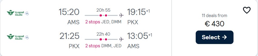 Cheap flights from Amsterdam, Netherlands to Beijing, China for only €430 roundtrip. Flight deal ticket image.
