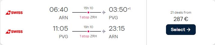 Cheap flights from Stockholm, Sweden to Shanghai, China for only €287 roundtrip with Swiss International Air Lines. Flight deal ticket image.
