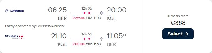Cheap flights from German cities to Kigali, Rwanda or Entebbe, Uganda from only €368 roundtrip with Lufthansa and Brussels Airlines. Flight deal ticket image.