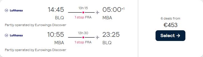 Cheap flights from Italian cities to Mombasa, Kenya for only €453 roundtrip with Lufthansa. Flight deal ticket image.